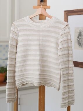 Cream Beige Open Weave Crochet Knit Striped Sweater Scalloped